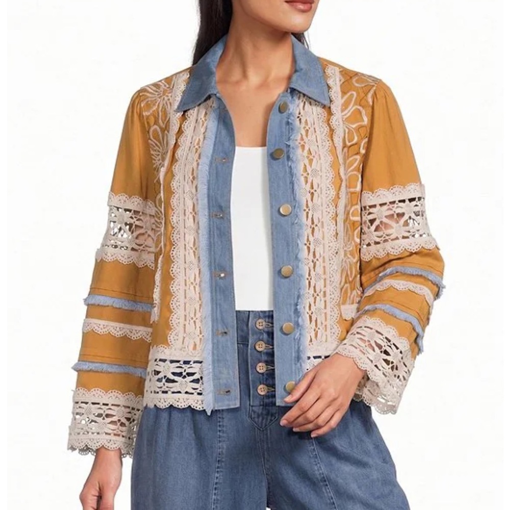 John Mark Woven Lace Inset Point Collar 3/4 Cuffed Sleeve Button Front Jacket